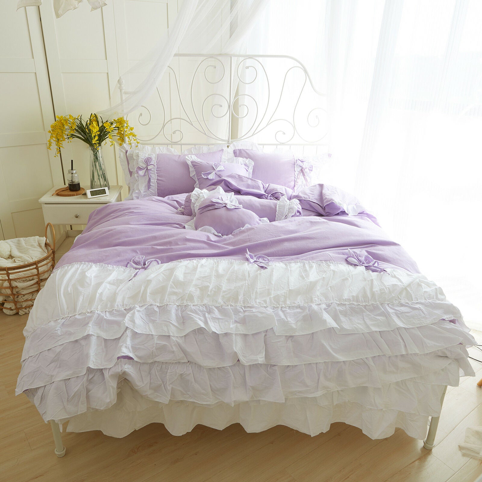 100% COTTON 4-Piece Fairy Ruffle Lace Duvet Cover Bedding Set