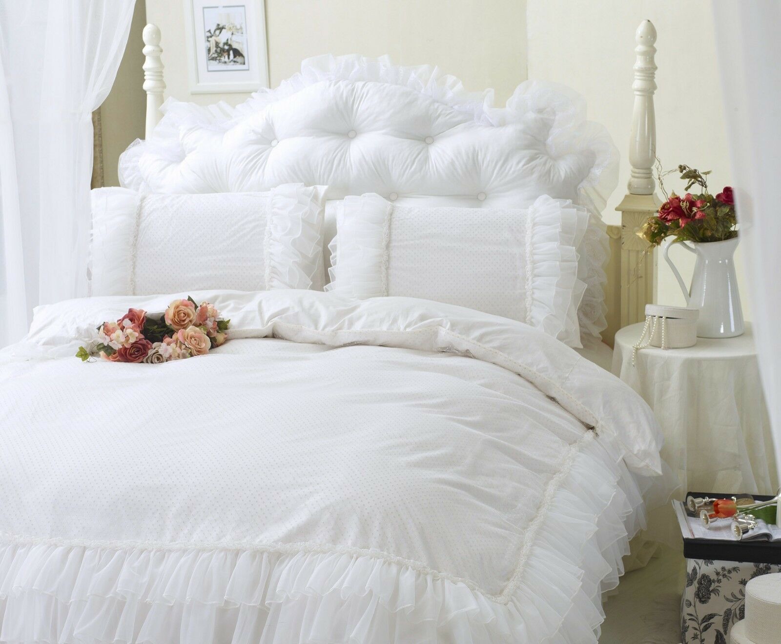 Luxury White Ruffle Lace Quilt Duvet Cover Bedding Set Full Queen