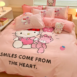 Sanrio Cartoon Dreamland 4-Piece Bedding Set - 100% COTTON - Hello Kitty, Melody, Cinnamoroll - King, Queen, Full Size