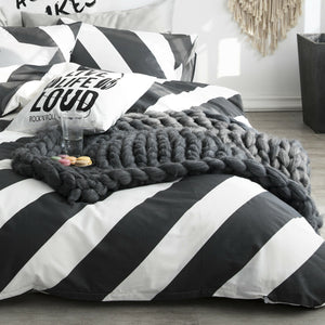100% Cotton Black White Diagonal Stripe Duvet Cover Set Queen Bedding Set