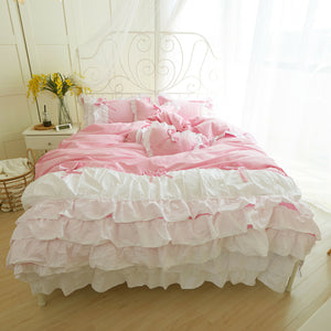 100% COTTON 4-Piece Fairy Ruffle Lace Duvet Cover Bedding Set - Twin, Queen, King