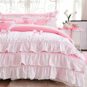 100% COTTON 4-Piece Fairy Ruffle Lace Duvet Cover Bedding Set - Twin, Queen, King
